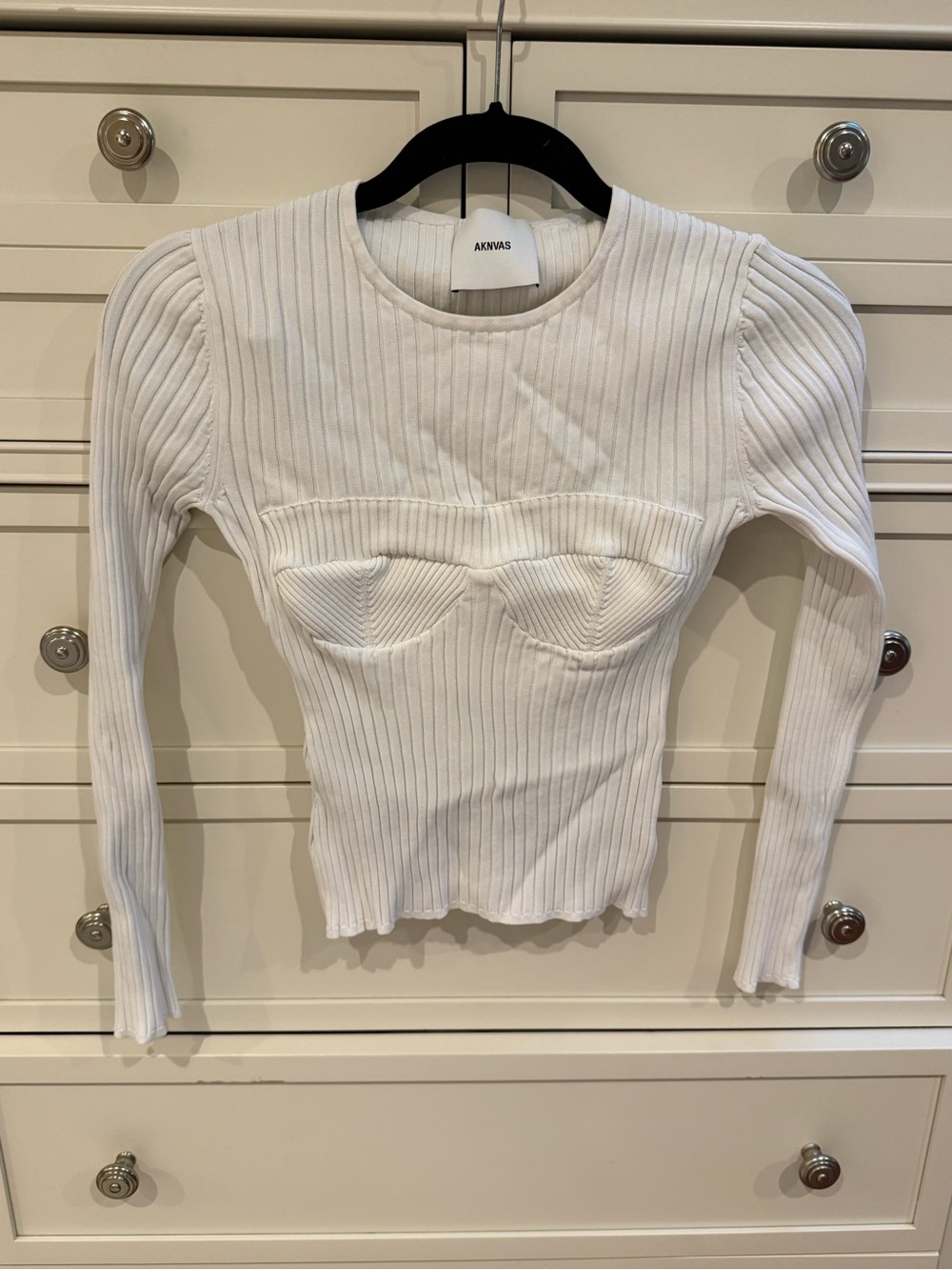 NWOT Aknvas White Ribbed Long Sleeve Bust-Detail Top small